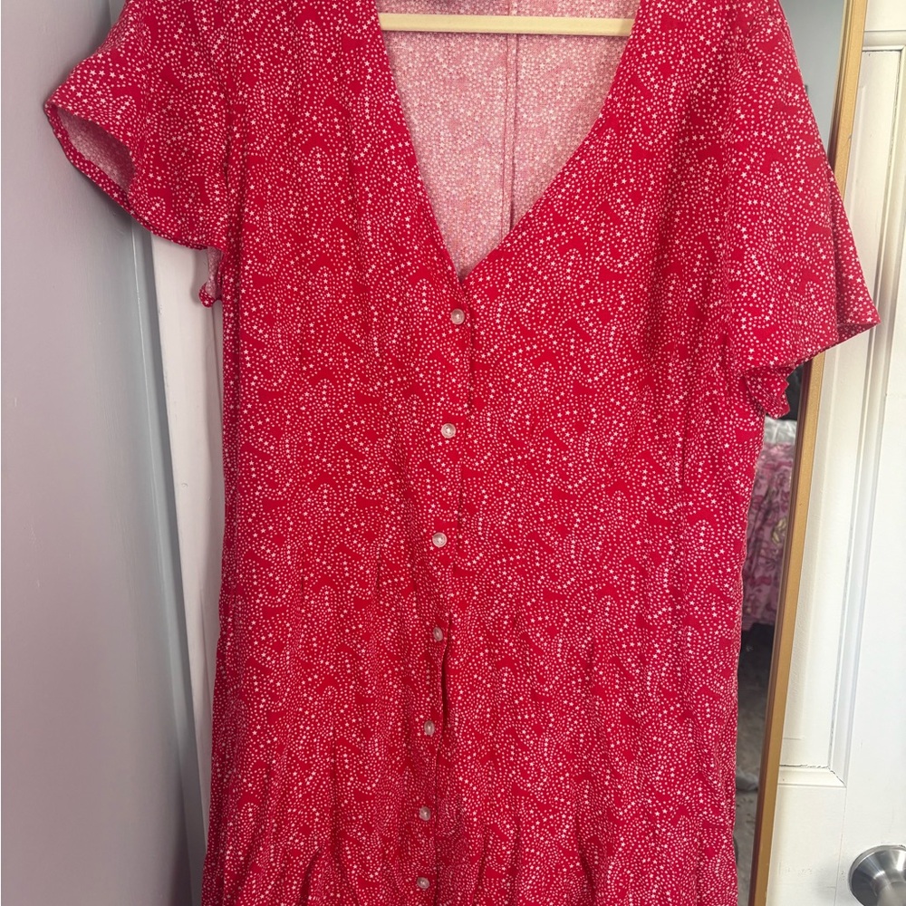 Universal Thread Red V-Neck Button-Front Mini Dress with White Dot Print